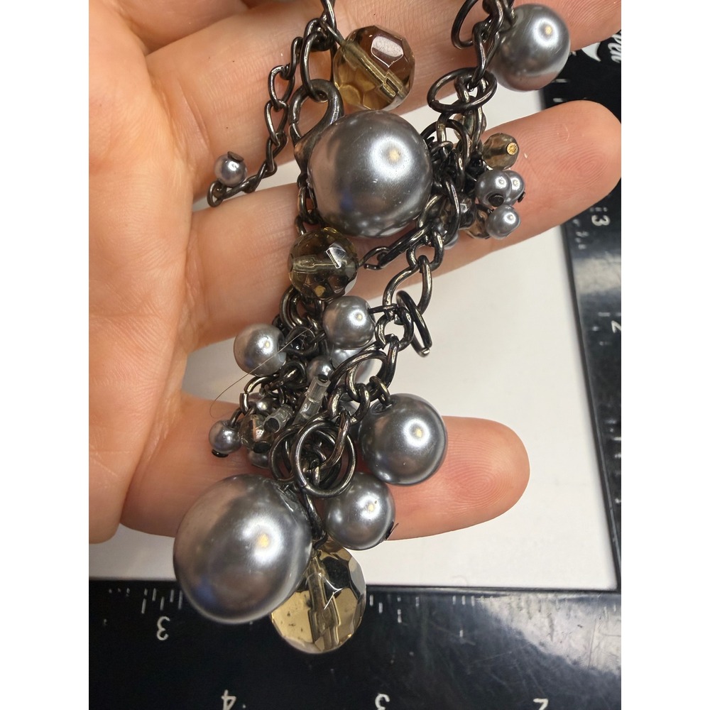 Gunmetal Grey Faux Pearl and Faceted Smoky Amber Glass Bead Charm Bracelet